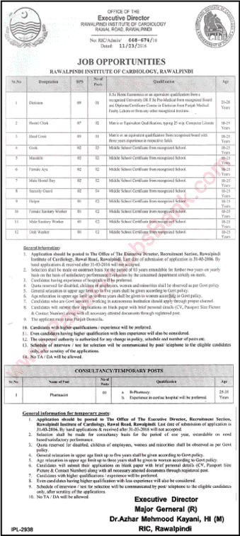 Rawalpindi Institute of Cardiology Jobs March 2016 RIC Clerks, Cooks, Security Guards & Others Latest