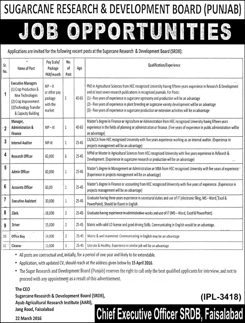 Sugarcane Research and Development Board Punjab Faisalabad Jobs 2016 March / April Research Officers & Others Latest