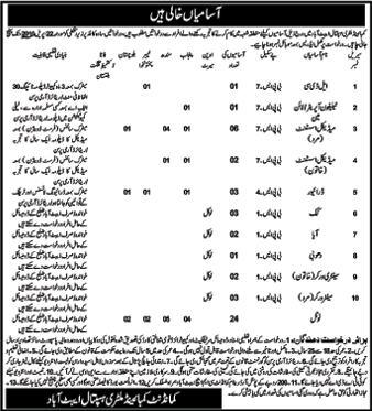 CMH Abbottabad Jobs 2016 April Combined Military Hospital Medical Assistants, Drivers, Cooks & Others Latest