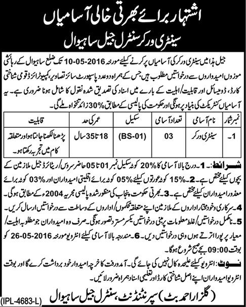 Sanitary Worker Jobs in Central Jail Sahiwal 2016 April Latest