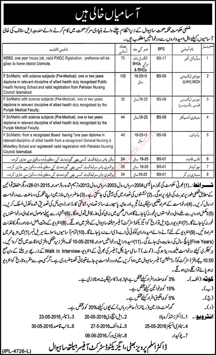 Health Department Sahiwal Jobs April 2016 Lady Health Visitors, Medical Officers, Sanitary Inspectors & Others Latest