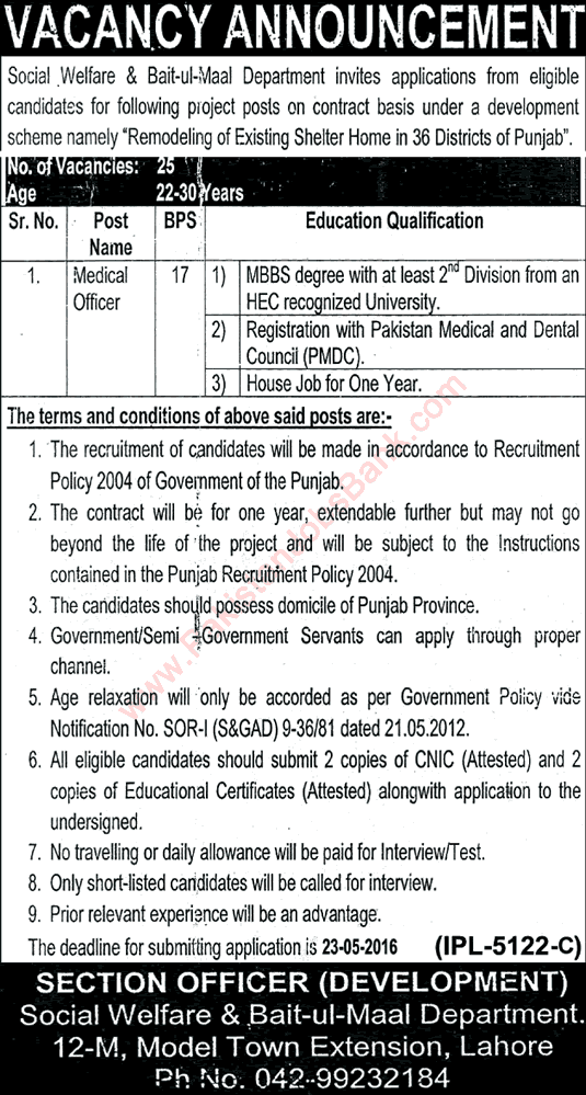 Medical Officer Jobs in Social Welfare Department Punjab 2016 May Latest