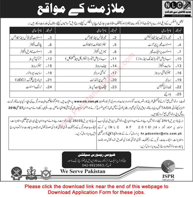 NLC Jobs May 2016 Application Form Download National Logistics Cell Latest / New Advertisement
