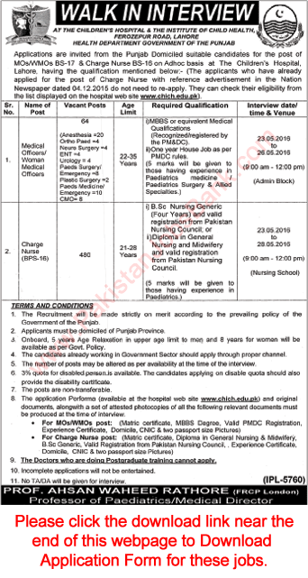 Children's Hospital Lahore Jobs May 2016 CHICH Application Form Charge Nurses & Medical Officers Latest