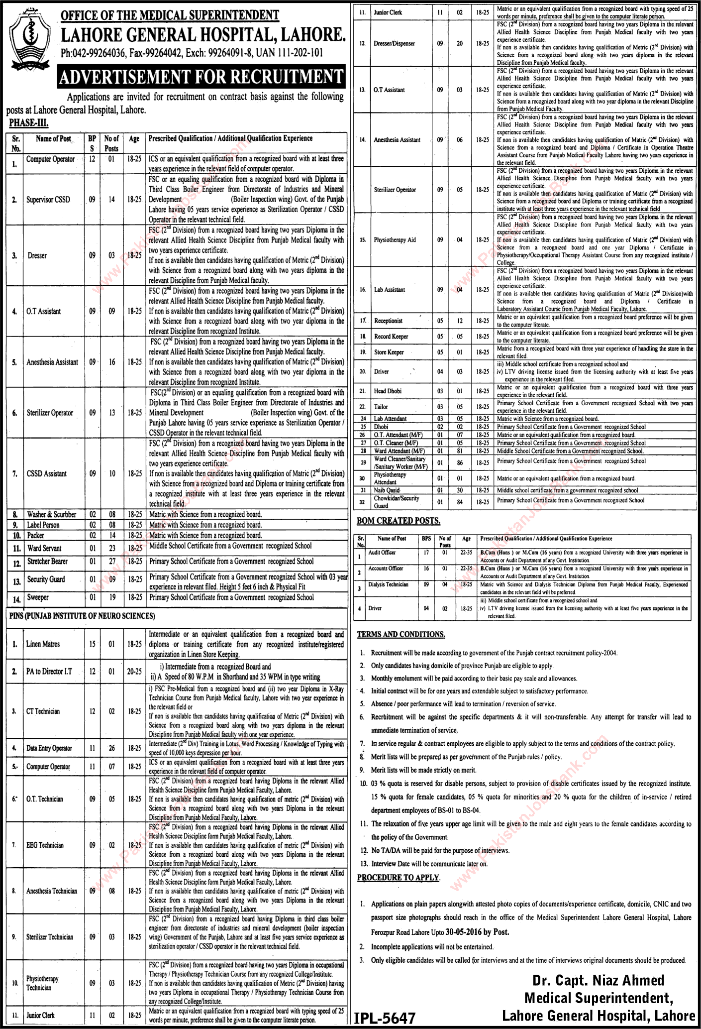 Lahore General Hospital Jobs May 2016 LGH Medical Technicians, Admin & Support Staff Latest / New