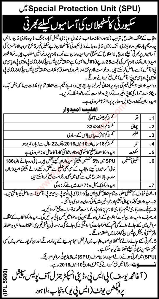 Punjab Police Constable Jobs May 2016 in Special Protection Unit (SPU) Latest / New