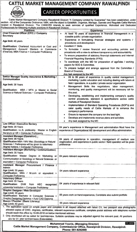 Cattle Market Management Company Rawalpindi Jobs May 2016 Managers, Veterinary Officers & Others Latest