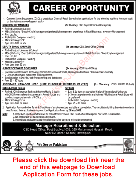 CSD Jobs May 2016 Application Form Canteen Stores Department Latest / New Advertisement