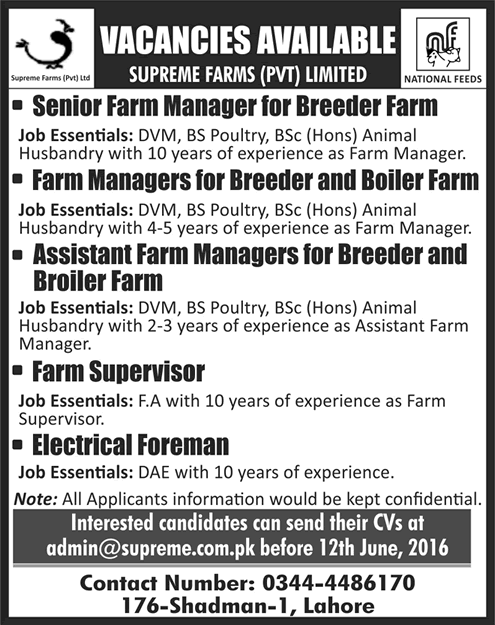 Supreme Farms Pvt Ltd Lahore Jobs June 2016 Farm Managers, Supervisors & Electrical Foreman Latest