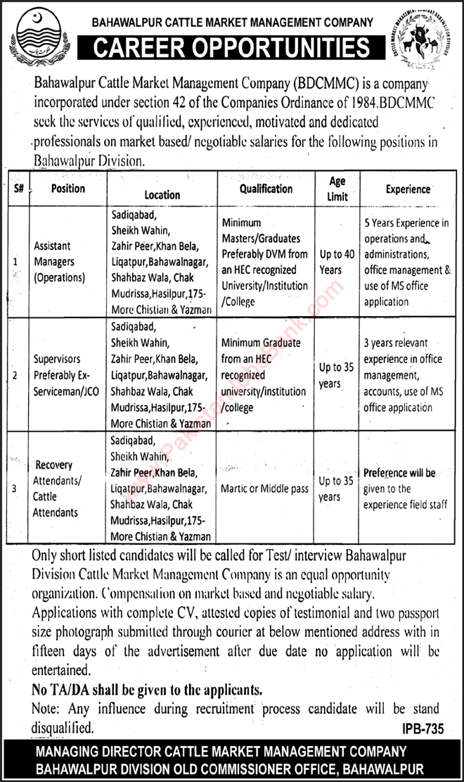 Cattle Market Management Company Bahawalpur Jobs June 2016 Assistant Managers, Supervisors & Cattle Attendants Latest