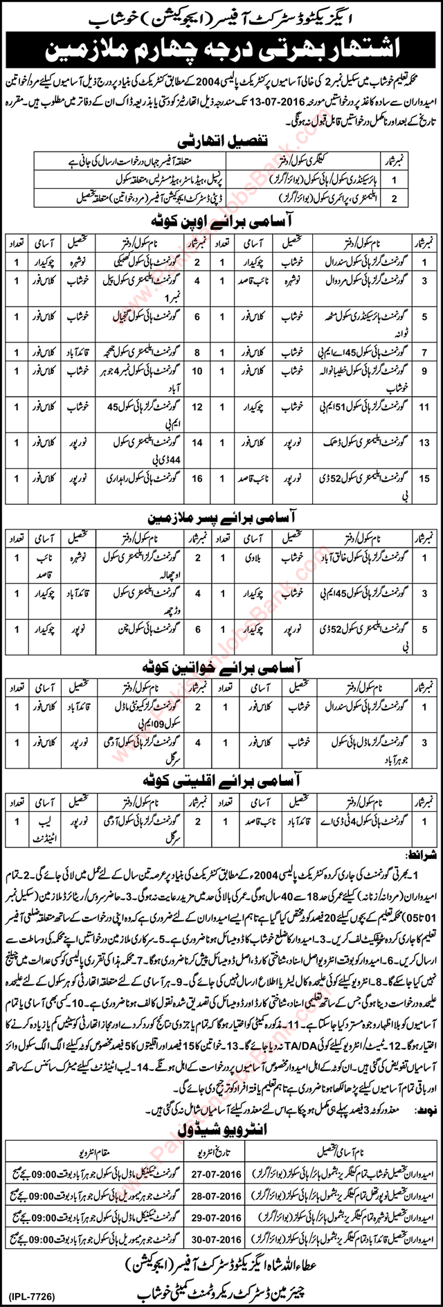 Education Department Khushab Jobs 2016 June Class 4, Naib Qasid, Chowkidar & Others Latest