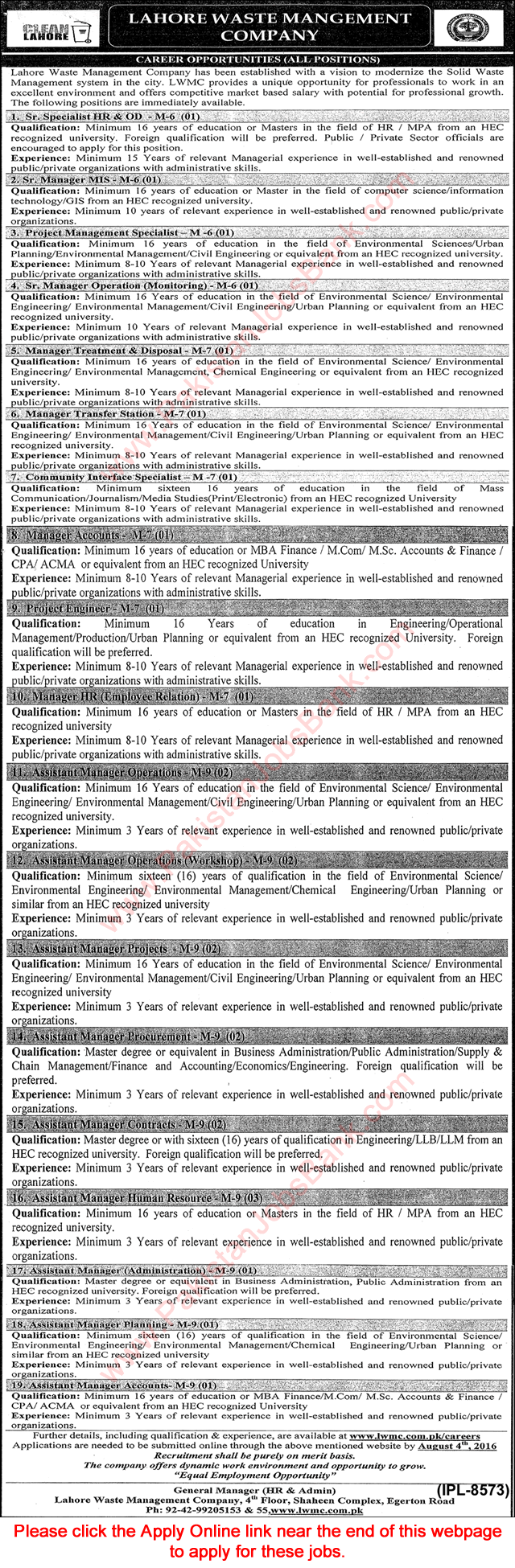Lahore Waste Management Company Jobs July 2016 LWMC Apply Online Managers & Others Latest