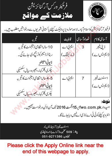 FWO Jobs July 2016 August Apply Online Assistant / Deputy Managers Frontier Works Organization Latest