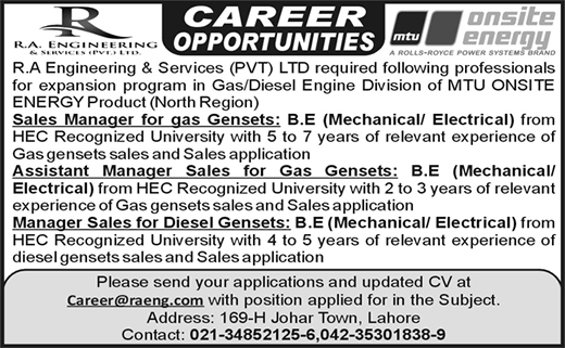 RA Engineering Lahore Jobs 2016 July / August Sales Managers for Gas & Diesel Gensets Latest