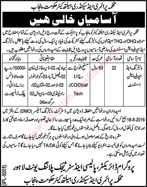 Monitoring & Evaluation Assistant Jobs in Punjab Primary & Secondary Healthcare Department August 2016 Latest