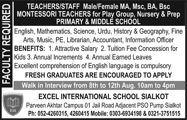 Excel International School Sialkot Jobs 2016 August Teachers, Librarian & Others Walk in Interviews Latest