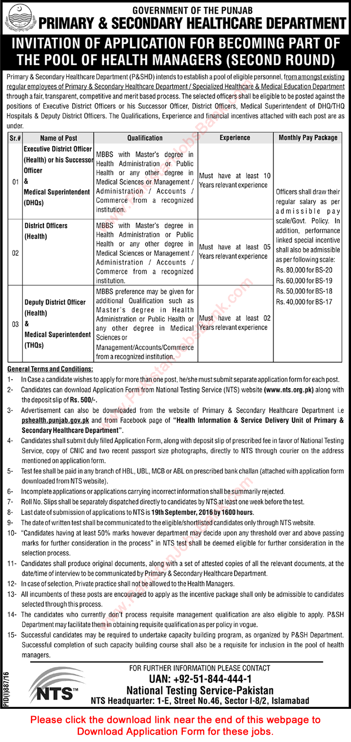 Primary and Secondary Healthcare Department Punjab Jobs August 2016 NTS Application Form Download Latest