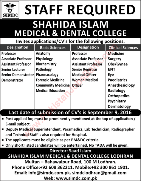 Shahida Islam Medical and Dental College Lodhran Jobs 2016 September Teaching Faculty & Others Latest