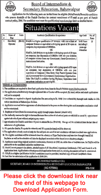 Data Entry Operator Jobs in BISE Bahawalpur September 2016 Application Form Download Latest