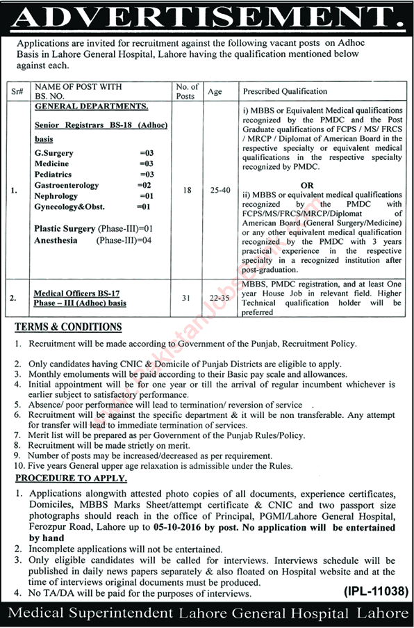 Lahore General Hospital Jobs September 2016 Medical Officers & Senior Registrars Latest