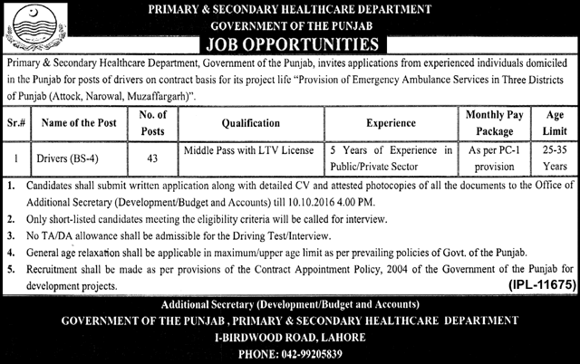 Driver Jobs in Primary and Secondary Health Department Punjab September 2016 Latest