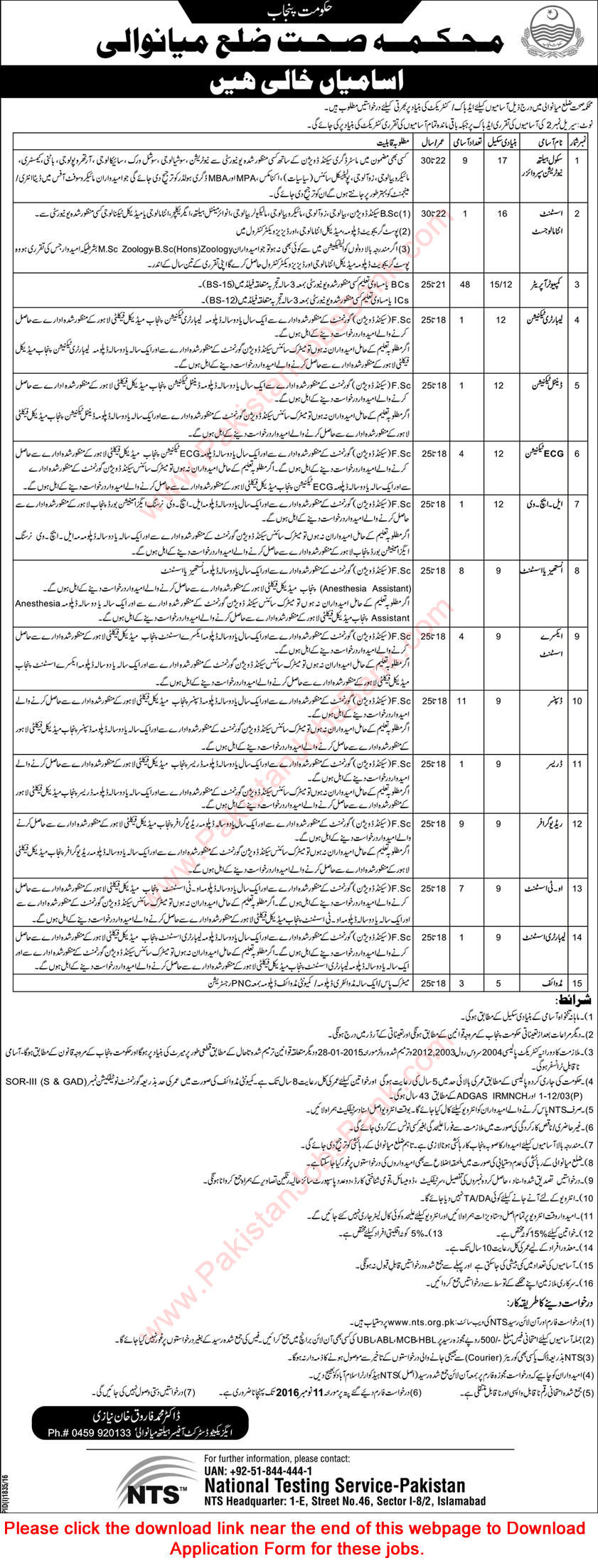 Health Department Mianwali Jobs October 2016 NTS Application Form Computer Operators, Dispensers & Others Latest