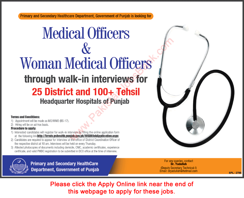 Medical Officer Jobs in Primary and Secondary Healthcare Department Punjab October 2016 Apply Online Latest