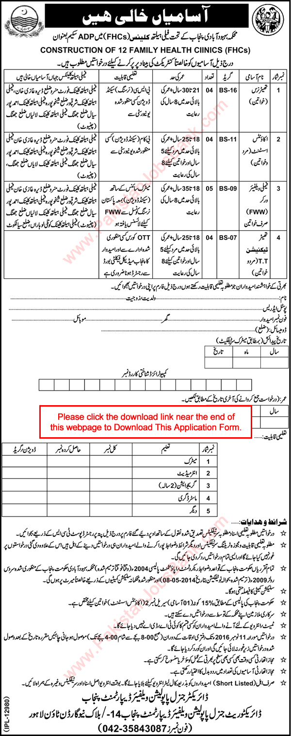 Population Welfare Department Punjab Jobs October 2016 November Application Form Download Latest