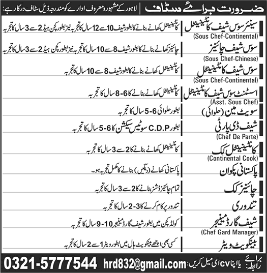 Restaurant Jobs in Lahore November 2016 Cooks / Chefs, Waiters & Others Latest