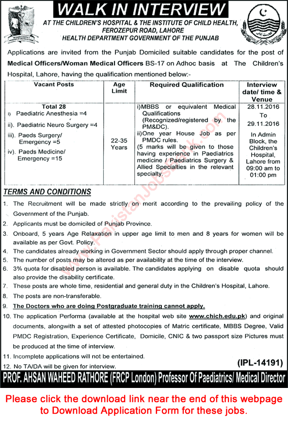 Medical Officer Jobs in Children's Hospital Lahore November 2016 December CHICH Application Form Latest