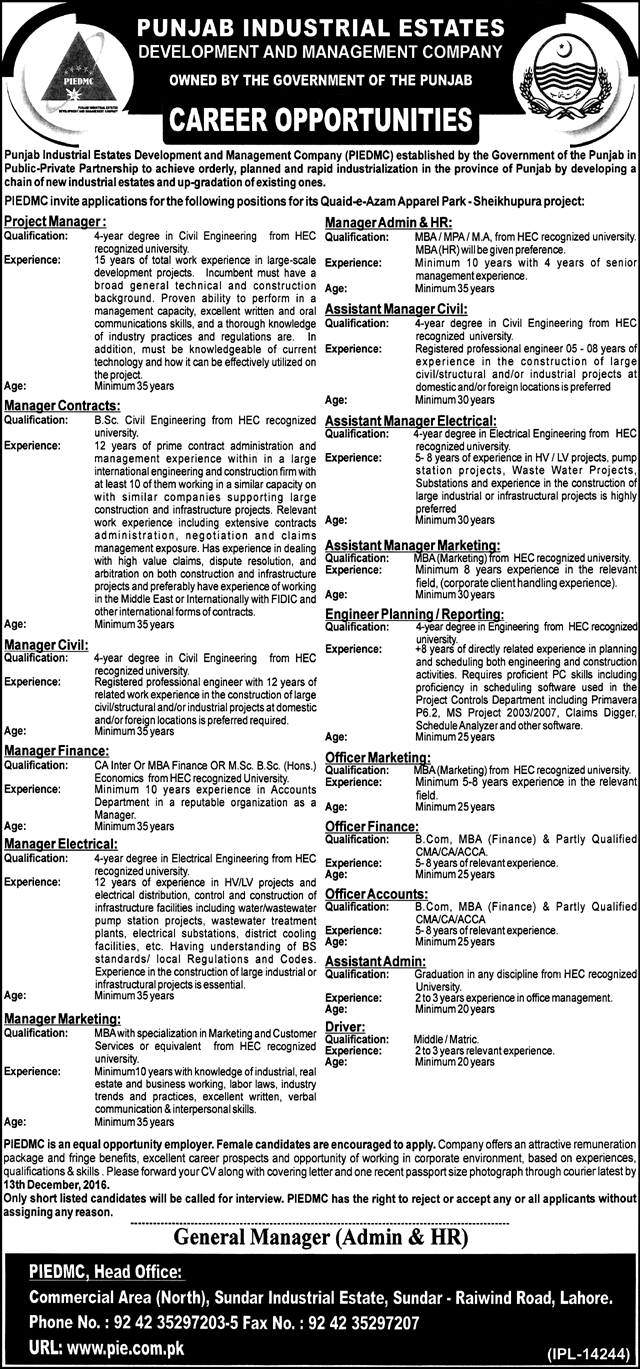 Punjab Industrial Estates Jobs November 2016 December PIEDMC Admin Assistant, Accounts Officer & Others Latest