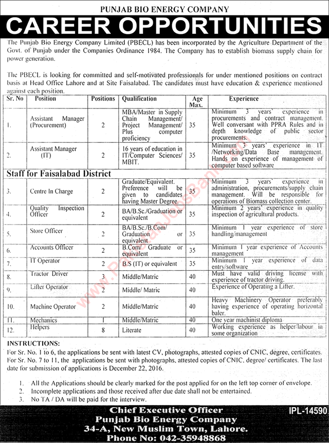 Punjab Bio Energy Company Jobs 2016 December Helpers, Store / Accounts Officers & Others Latest