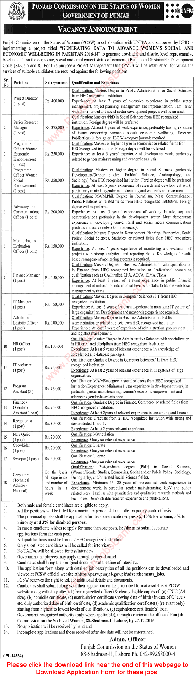 Punjab Commission on the Status of Women Lahore Jobs 2016 December Application Form Download Latest