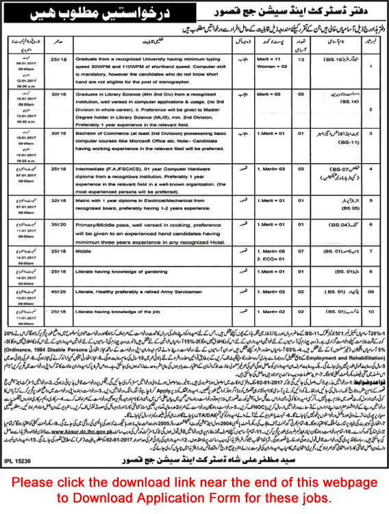 District and Session Court Kasur Jobs December 2016 Application Form Stenographers, Naib Qasid & Others Latest