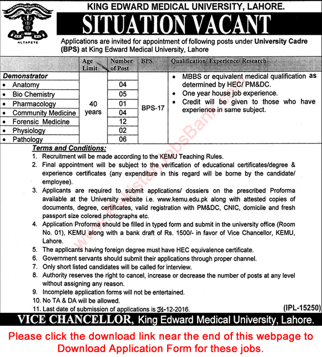 Demonstrator Jobs in King Edward Medical University Lahore December 2016 Application Form Latest