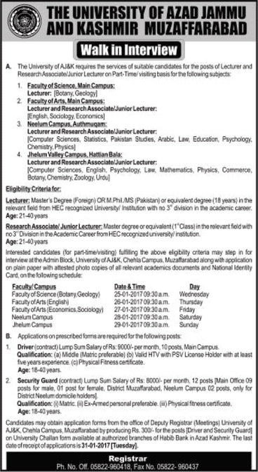 University of AJK Muzaffarbad Jobs 2017 Lecturers, Research Associates & Others Walk in Interview Latest