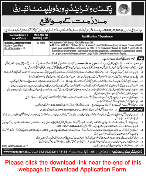 Budget & Accounts Officer Jobs in WAPDA 2017 NTS Application Form Download Latest