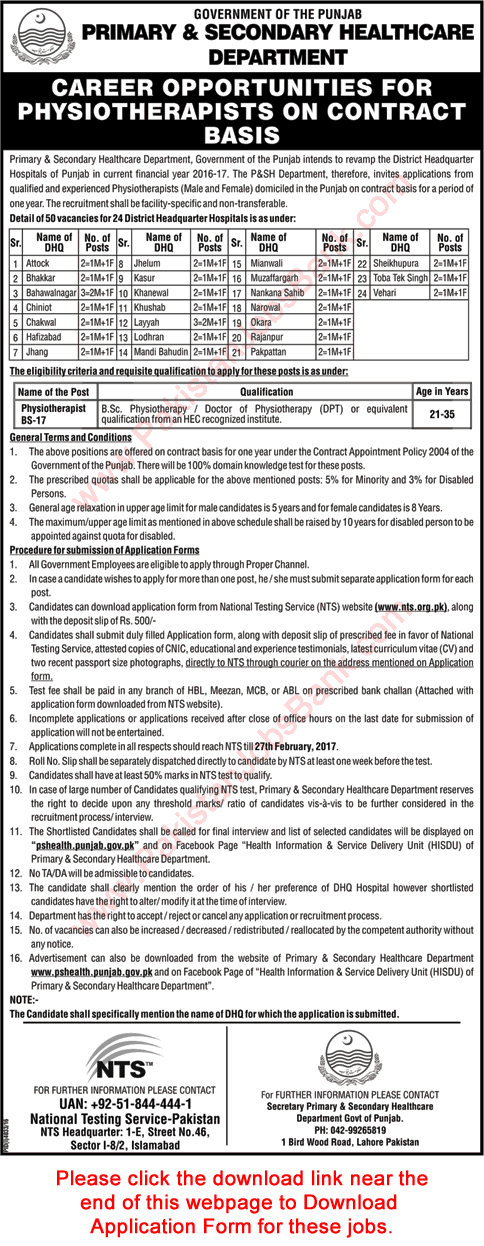 Physiotherapist Jobs in Primary and Secondary Healthcare Department Punjab 2017 February NTS Application Form Latest