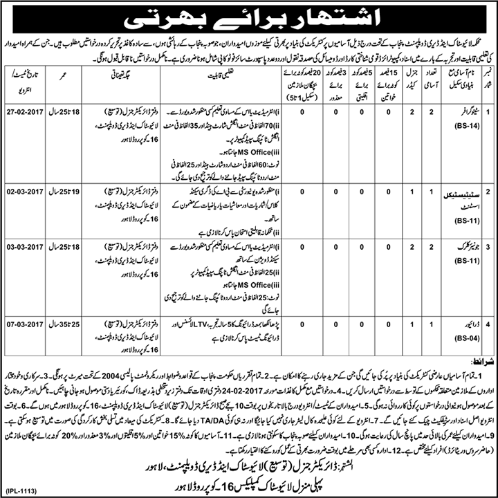 Livestock and Dairy Development Department Punjab Jobs 2017 February Stenographers, Clerks, Driver & Statistical Assistants Latest