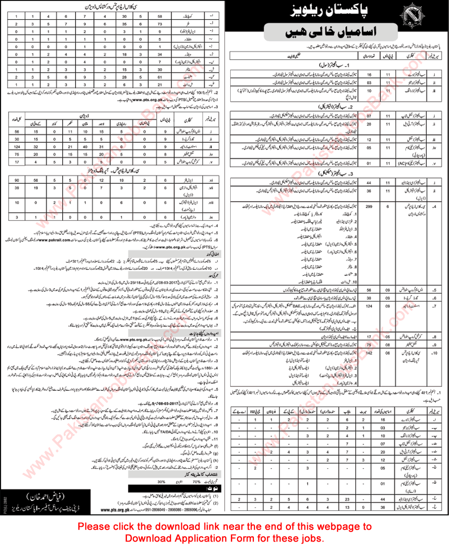 Pakistan Railways Jobs February 2017 PTS Application Form Sub Engineers, Trade Apprentices & Others Latest / New