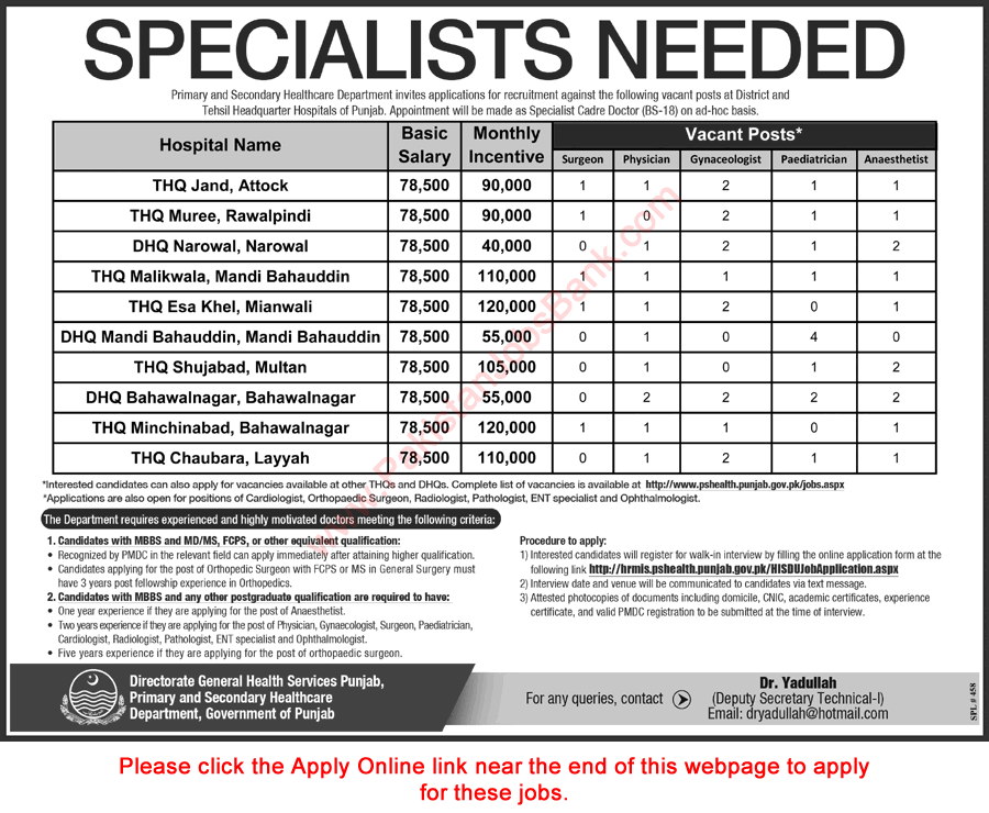 Specialist Doctor Jobs in Primary and Secondary Healthcare Department Punjab February 2017 Apply Online Latest