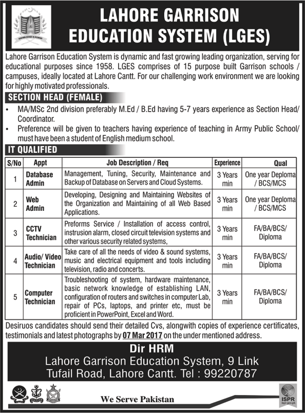 Lahore Garrison Education System Jobs 2017 February / March Database / Web Admin & Others LGES Latest