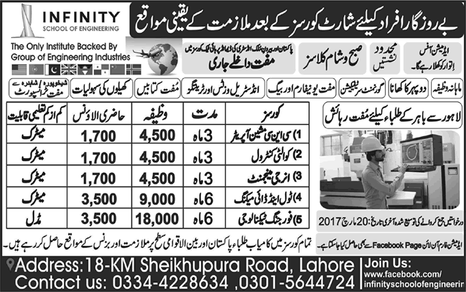 Infinity School of Engineering Lahore Free Courses March 2017 with Stipend Latest