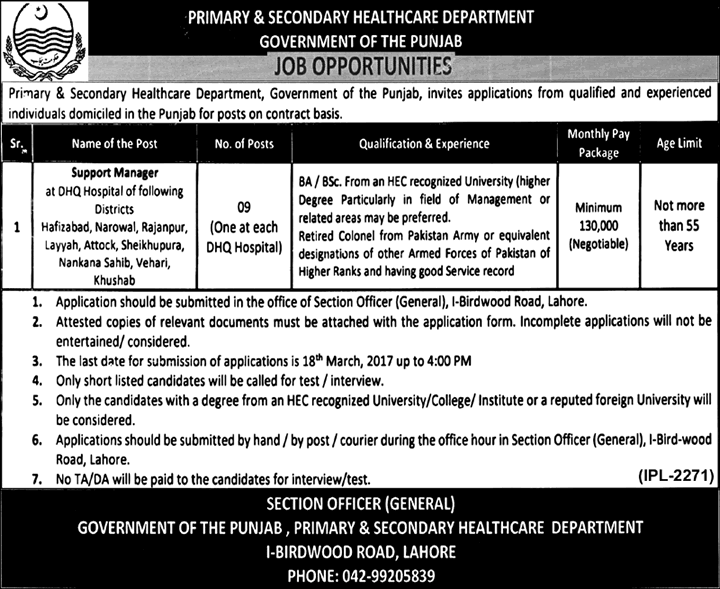 Support Manager Jobs in Primary and Secondary Healthcare Department Punjab 2017 March Latest