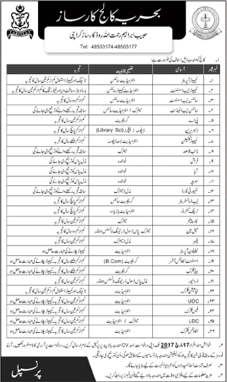 Bahria College Karsaz Karachi Jobs March 2017 Lab Assistant, Computer Operators, Clerks, Naib Qasid & Others Latest