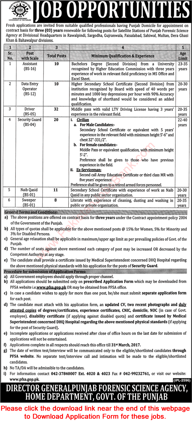 Punjab Forensic Science Agency Jobs 2017 March Application Form Drivers, Security Guards, Naib Qasid & Others Latest