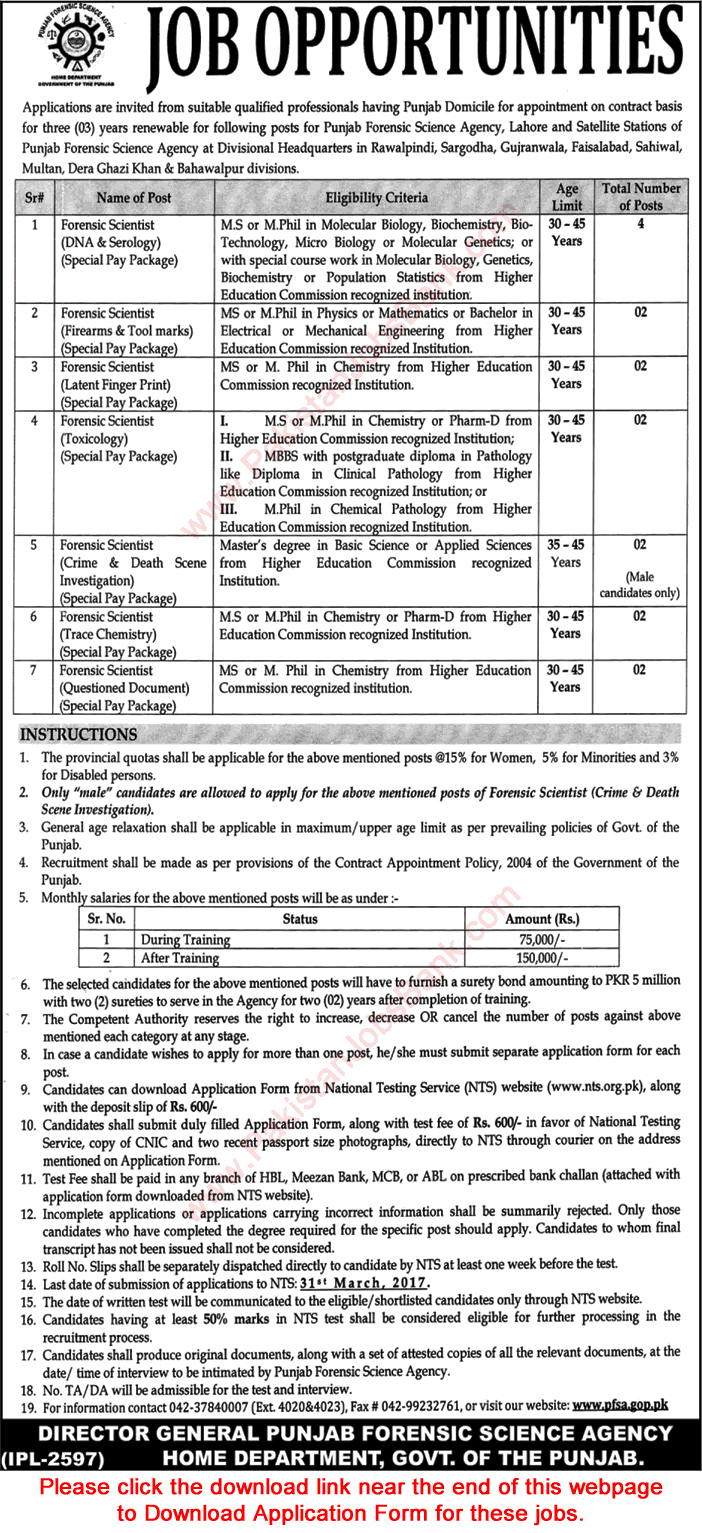 Forensic Scientist Jobs in Punjab Forensic Science Agency 2017 March NTS Application Form Download Latest