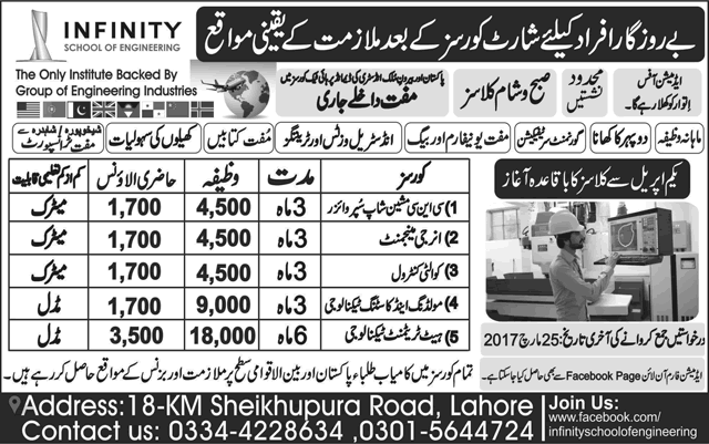 Free Training Courses in Lahore March 2017 at Infinity School of Engineering Latest