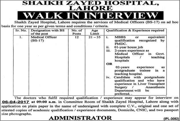 Medical Officer Jobs in Shaikh Zayed Hospital Lahore 2017 March Walk in Interview Latest