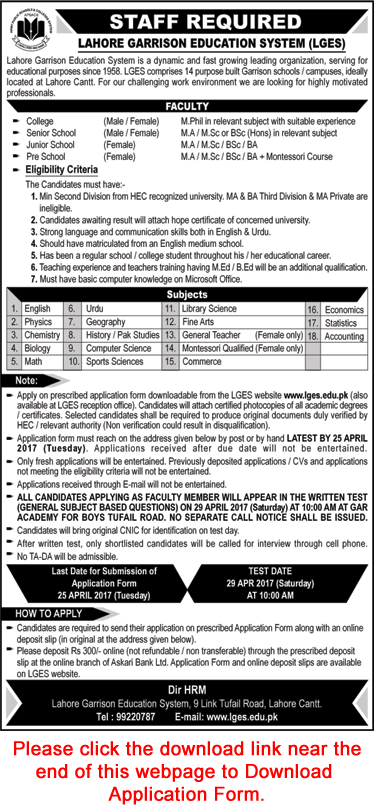 Lahore Garrison Education System Jobs 2017 April Application Form for Teachers LGES Latest